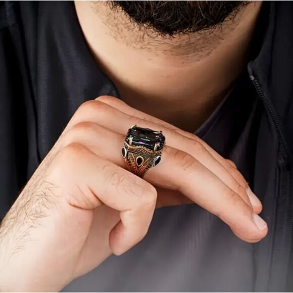 Men's Turkish Signet Ring Square Mystic Topaz Stone Size 11 - Picture 2 of 7